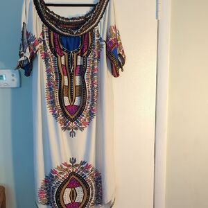 Ashley Stewart African/Tribal Print Midi Dress With Tie Sleeves (White/Pink)
